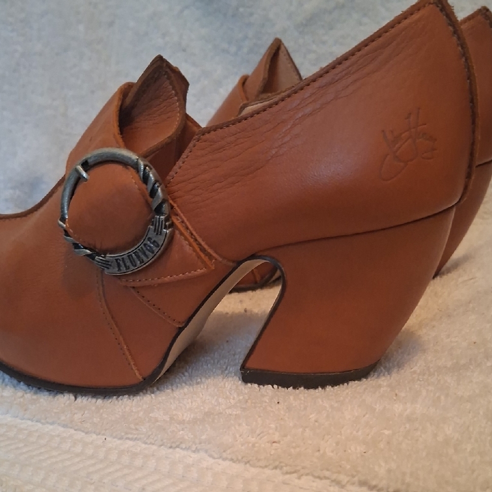 Leather Buckle Clog Heels in Cognac Brown - Picture 8 of 12